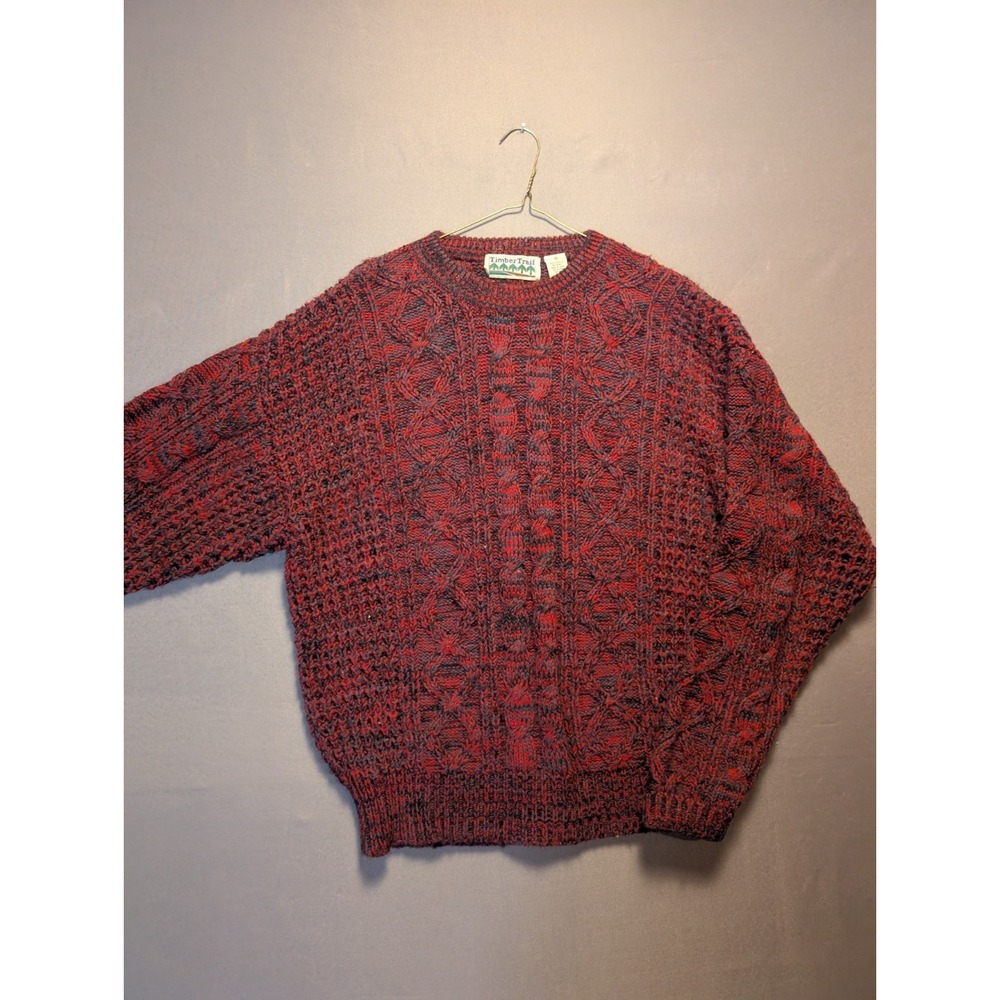 VTG Timber Trail Sweater Mens Medium Red Black Cable Knit Ribbed Trim Cozy Warm
